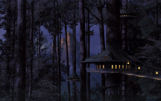 Tree house forest night lights 2 - christophe vacher free wallpaper