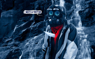 Man gas mask jacket waterfall - dr. atl free wallpaper