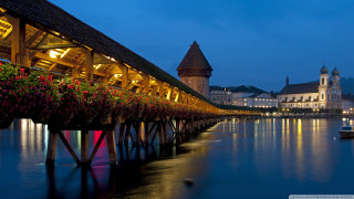 Wooden bridge flowers night building - art free wallpaper