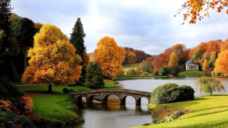 Bridge lake trees orange leaves - orange leaf free wallpaper