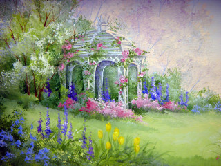 Gazebo flowers trees garden pink - flower and trees free wallpaper