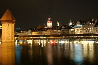 City bridge clocktower night reflections - florence engelbach free wallpaper