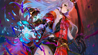Red dress woman holding weapons - art free wallpaper