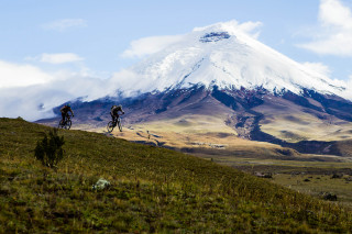 Mountain bikers snow capped peak - peak in the background free wallpaper