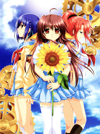 Anime girls sunflowers clock clouds - cloud free wallpaper