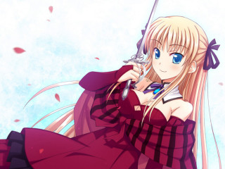 Woman red dress sword smile - sots art free wallpaper
