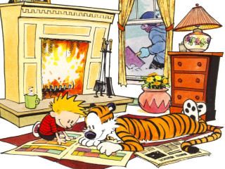 Boy tiger rug fireplace cartoon - graphic novel free wallpaper