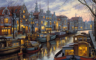 Canal boats buildings nighttime lights - evgeny lushpin free wallpaper