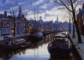 Canal boats buildings nighttime lights 2 - evgeny lushpin free wallpaper