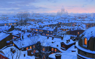 Snowy city clock tower skyline - evgeny lushpin free wallpaper
