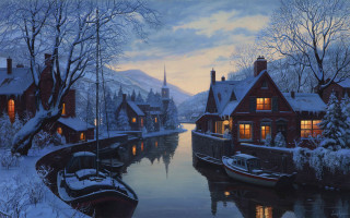 River boats house night painting - a painting of a river free wallpaper