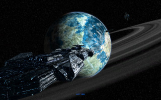 Space station ringed planet star - free sci-fi wallpaper