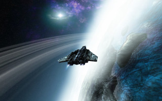 Spaceship flying planet star lightbeam - a space ship free wallpaper