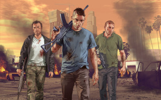 Men walking dirty street knife - a large building in the background free wallpaper
