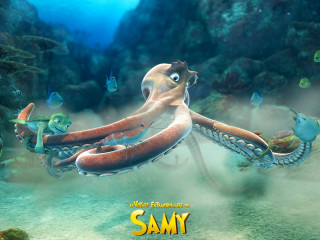 Cartoon octopus swimming ocean fish - its mouth and a fish free wallpaper