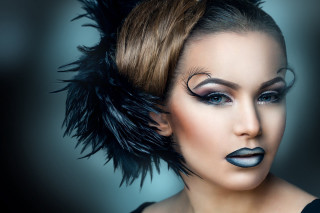 Woman black makeup feathers head - gothic art free wallpaper for desktop