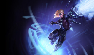 Futuristic woman flying lightsaber glowing - light behind her free wallpaper
