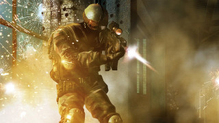 Futuristic man gun city fireworks - action scene free wallpaper
