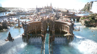 Futuristic city waterfall modern architecture - matte painting concept art free wallpaper