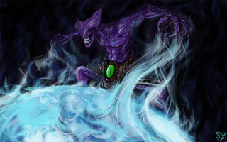 Demon green eye purple water - a painting of a demon free wallpaper