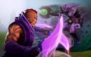 Man purple outfit purple object - his hand and another man free wallpaper