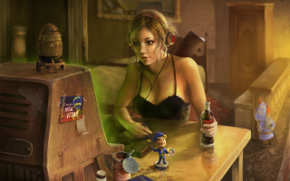 Woman sitting table beer toy - art station free wallpaper
