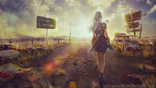 Woman walking road broken car - apocalyptic free wallpaper