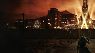 Man walking street night clock - matte painting concept art free wallpaper