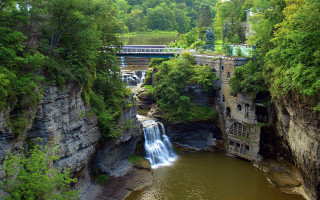 Waterfall canyon bridge train nature - a bridge over free wallpaper
