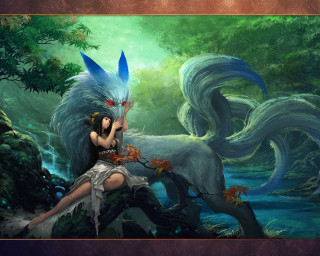 Woman sitting tree branch wolf - league of legends concept art free wallpaper