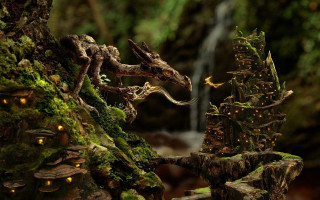 Dragon statue forest waterfall mossy - mossy free wallpaper