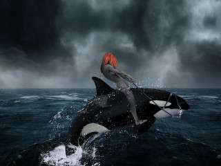 Woman riding whale ocean cloudy - surreal photography free wallpaper