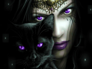 Woman purple eyes black cat 4 - purple eye free wallpaper