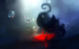 Cat umbrella dark bubbles light - a storybook illustration free wallpaper for desktop