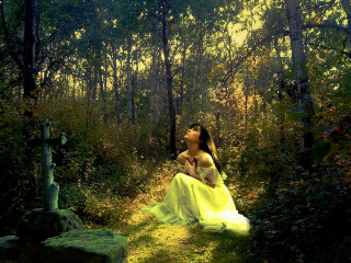 Woman yellow dress woods cross - a yellow dress free wallpaper