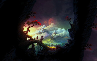 Cliff lake mountains night fullmoon - a painting of a man and woman free wallpaper