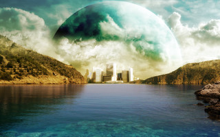 Futuristic city mountain water green - a futuristic city free wallpaper