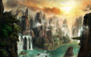 Waterfall mountain landscape river painting - matte fantasy painting free wallpaper