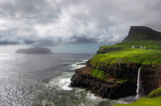 Waterfall ocean green cliff small - bascove free wallpaper