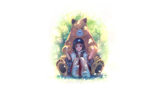 Girl sitting chair teddy bear - her back free wallpaper