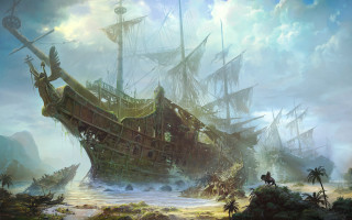 Ship ocean background man horse - a painting of a ship in the ocean free wallpaper