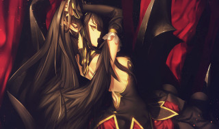 Gothic woman black dress red - a red curtain behind her free wallpaper