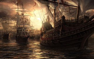 Ship ocean sunset sunrise painting - a painting of a ship in the ocean free wallpaper