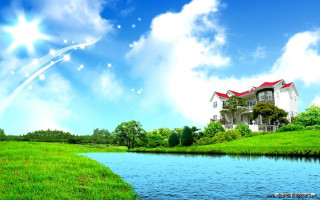 House hill river boat blue - a grassy field free wallpaper