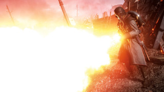 Man trench coat gun flame - a building in the background free wallpaper