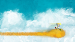Cartoon character flying clouds broom - a yellow tail free wallpaper