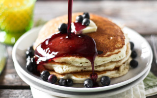 Pancakes blueberries syrup plate fork 2 - private press free wallpaper