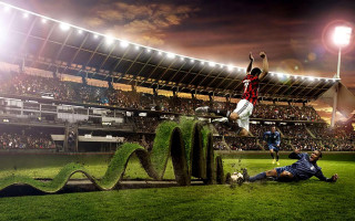 Man jumping soccer ball field - environmental art free wallpaper for desktop