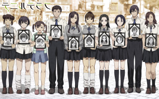 Group people holding pictures building - serial art free wallpaper