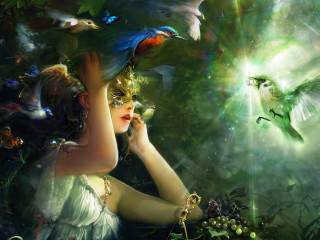 Woman bird head shoulder forest - her shoulder free wallpaper